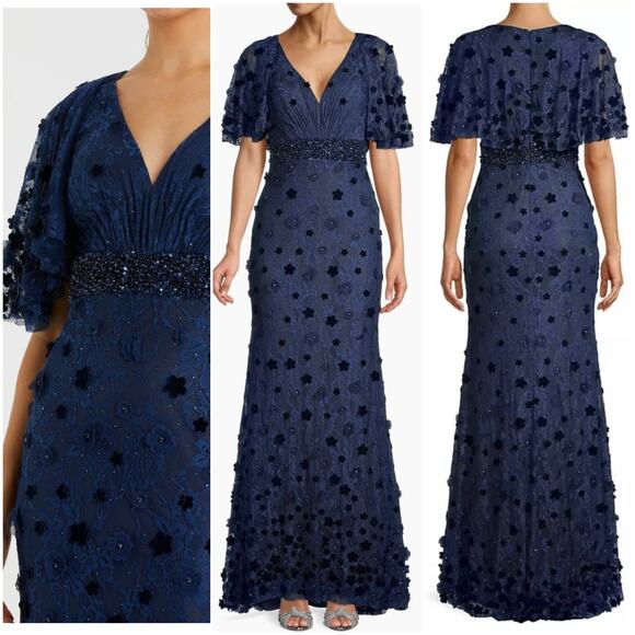 Mac Duggal Dresses & Skirts - Mac Duggal Embellished Blue Maxi Gown Dress sz 4 Floral Cape style sleeve 67712